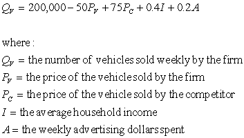 The marketing department of a firm that manufactures small vehicles has determined the following demand function for their cars.     a. If Pv = $10,000, Pc = $8,000, I = $25,000, and A = $300,000, then find the the price elasticity of demand. b. Is the price elasticity of demand elastic, unitary elastic or inelastic? Why? If the firm increases price, what will happen to total revenue? c. Assuming the variable values given in Part A above, determine the income elasticity. Interpret your answer. d. Find the cross price elasticity of demand between the two vehicles. Interpret your answer.