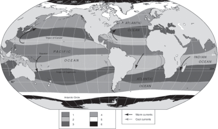 <strong>Refer to the figure below,and use the information on the map corresponding to the ocean's climatic regions to answer questions The oceanic climate region that is characterized by sea ice coverage in the winter and open water (but cold)in the summer is indicated by the number:</strong> A)2. B)3. C)4. D)5. E)6.