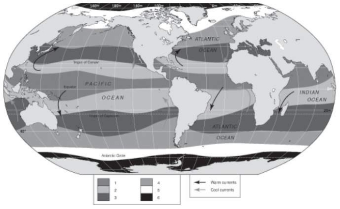 Refer to the figure below, and use the information on the map corresponding to the ocean's climatic regions to answer the following question(s) .    -The oceanic climate region that is characterized by sea ice coverage in the winter and open water (but cold)  in the summer is indicated by the number: A)  2. B)  3. C)  4. D)  5. E)  6.
