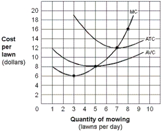 Exhibit 8-15 Short-run cost curves for E-Z Care lawn mowing company   -In Exhibit 8-15, suppose the market price of mowing lawns falls to $10 per lawn. In this situation, E-Z-Care will: A)  permanently exit the industry. B)  shut down its operations, at least in the short run. C)  continue to mow lawns despite its economic losses. D)  earn a normal profit.