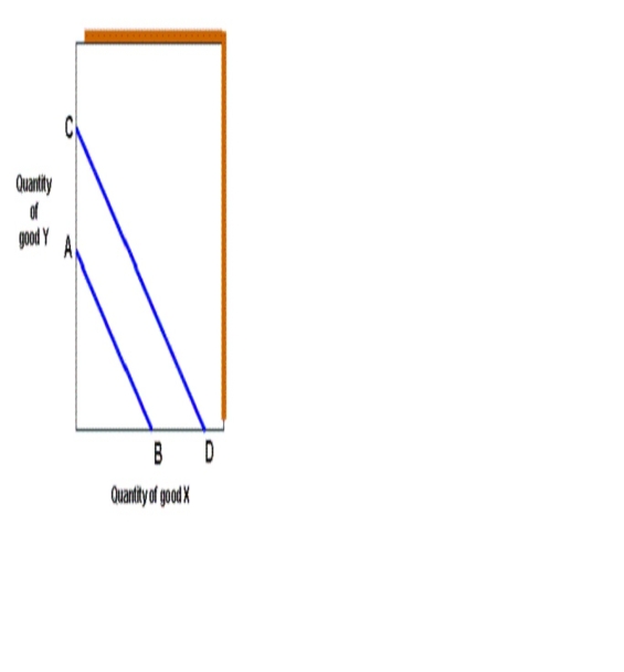 Exhibit 6A-1 Budget line ​   -​As shown in Exhibit 6A-1, a rightward shift in the budget line from AB to CD would result from: A)  ​a price reduction in good X. B)  ​a price reduction in good Y. C)  ​a change in consumer preference. D)  ​an increase in consumer income.