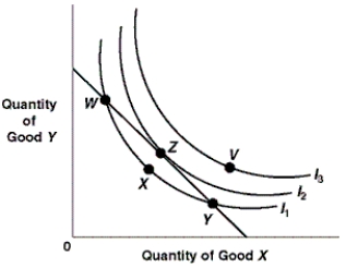 Exhibit 6A-3 Consumer equilibrium ​   -Given the budge line and indifference curves shown in Exhibit 6A-3, consumer equilibrium occurs at a tangency to which of the following indifference curves? A)  I<sub>1</sub>. B)  I<sub>2</sub>. C)  I<sub>3</sub>. D)  I<sub>1</sub> or I<sub>2</sub>.