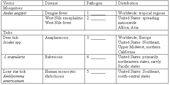 Fill in the blanks with the correct pathogen. Examples of Vector-Borne Diseases     A)Bacteria B)Protozoan parasite C)Rickettsiae D)Virus 