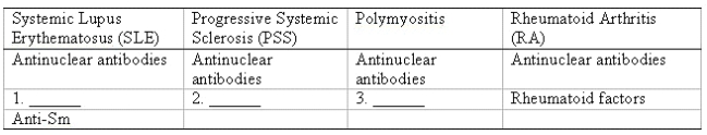 Fill in the blanks in the table. Antibodies in Systemic Rheumatic Diseases     A)Anti-native DNA B)Anti-Jo-1 C)Anti-Scl-1 