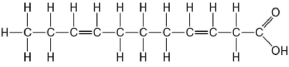   Figure 3.9 -Which of the following statements is true regarding the molecule illustrated in Figure 3.9? A)  It is a saturated fatty acid. B)  A diet rich in this molecule may contribute to atherosclerosis. C)  Molecules of this type are usually liquid at room temperature. D)  It is a saturated fatty acid, and a diet rich in this molecule may contribute to atherosclerosis. E)  It is a saturated fatty acid, a diet rich in this molecule may contribute to atherosclerosis, and molecules of this type are usually liquid at room temperature.