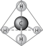   Figure 2.7 -What causes the shape of the molecule shown in Figure 2.7? A)  the configuration of the 2 p orbitals in the carbon atom B)  the configuration of the 1 s orbital in the carbon atom C)  the configuration of the sp hybrid orbitals of the electrons shared between the carbon and hydrogen atoms D)  the packing of the carbon and hydrogen atoms in a crystal lattice E)  hydrogen bonding configurations between the carbon and hydrogen atoms