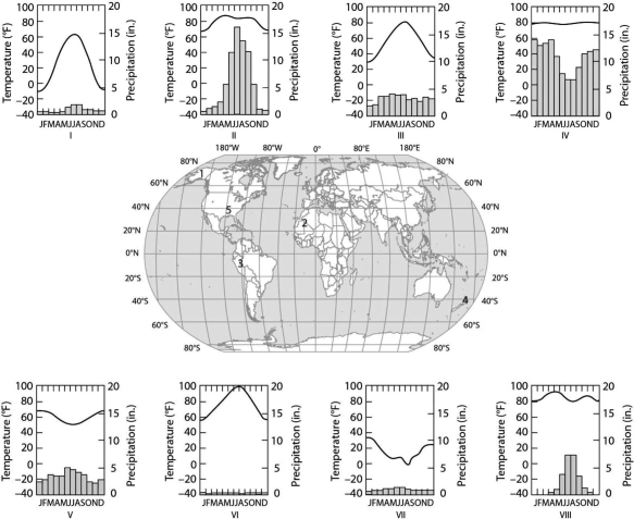 Please use the following information to answer the question(s)  below. The eight climographs in Figure 40.1 show yearly temperature (line graph and left vertical axis)  and precipitation (bar graph and right vertical axis)  averages for each month for some locations on Earth. Choose the climograph that best answers the question.   Figure 40.1 -Which climograph shows the climate for location 5? A)  I B)  III C)  IV D)  V E)  VIII