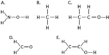   Figure 3.3 -Which of the structures illustrated in Figure 3.3 is an impossible covalently bonded molecule? A)  A B)  B C)  C D)  D E)  E