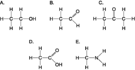   Figure 3.5 -Which molecule shown in Figure 3.5 can increase the concentration of hydrogen ions in a solution and is therefore an organic acid? A)  A B)  B C)  C D)  D E)  E