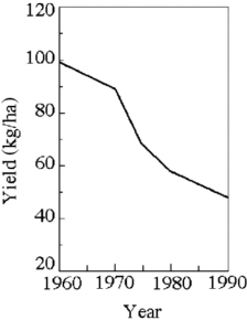 In west Texas, cotton has become an important crop in the last several decades. However, in this hot, dry part of the country there is little rainfall, so farmers irrigate their cotton fields. They must also regularly fertilize the cotton fields because the soil is very sandy. Figure 29.1 shows the record of annual productivity (measured in kilograms of cotton per hectare of land)  since 1960 in a west Texas cotton field. Use these data to answer the following question(s) .   Figure 29.1 -Based on the information provided in Figure 29.1, what is the most likely cause of the decline in productivity? A)  The farmer used the wrong kind of fertilizer. B)  The cotton is developing a resistance to the fertilizer and to irrigation water. C)  Water has accumulated in the soil due to irrigation. D)  The soil water potential has become more negative due to salination.