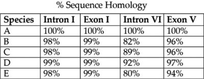 The next question(s)  refer to Table 20.1, which compares the % sequence homology of four different parts (two introns and two exons)  of a gene that is found in five different eukaryotic species. Each part is numbered to indicate its distance from the promoter (for example, intron I is the one closest to the promoter) . The data reported for species A were obtained by comparing DNA from one member of species A to the DNA of another member of species A.   Table 20.1 -Which of these four gene parts should allow the construction of the most accurate phylogenetic tree, assuming that this is the only part of the gene that has acted as a reliable molecular clock? A)  intron I B)  exon I C)  intron VI D)  exon V