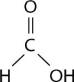   Figure 2.4 -  Figure 2.5 Figure 2.5 shows a representation of formic acid. A formic acid molecule A)  will dissociate in water, thus increasing the pH. B)  will dissociate in water, thus decreasing the pH. C)  contains primarily nonpolar covalent bonds. D)  is held together by hydrogen bonds. E)  has a tetrahedral shape.