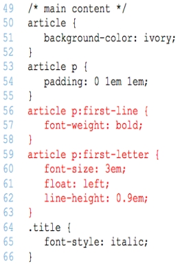   -Referring to the figure above, which style rule uses a class selector? A)  article B)  article p C)  article p:first line D)  title