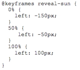 ​ ​    -Referring to the figure above, what does the code reveal-sun represent? A)  the class value of the element to which the code applies B)  the name of the keyframe animation C)  the text that is animated D)  the title of the animation