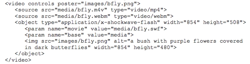 ​ ​    -Referring to the code shown in the figure above, which of the following is most likely the video codec used in the source file bfly.webm? A)  H.264 B)  Theora C)  VP9 D)  Flash