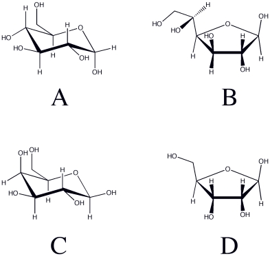 <strong>This figure is used in questions .   Which of the structures shown in the figure above is a glucopyranose?</strong> A)A B)B C)C D)D E)None of the above <div style=padding-top: 35px> 