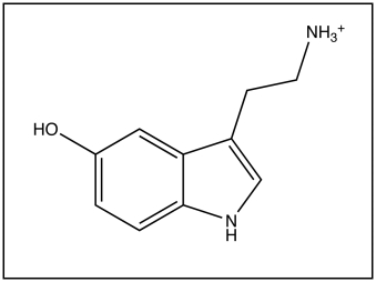 The picture below shows the structure of serotonin.    a.From which amino acid is serotonin derived? b.What are the structural differences between serotonin and this amino acid? c.What is the function of serotonin? d.Which illness can be caused by reduced levels of serotonin in the brain?
