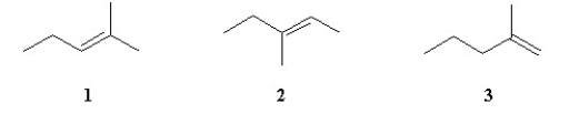 Acid catalyzed hydration (H<sub>2</sub>SO<sub>4</sub>/water/△)  of an unknown compound (A) with a chemical formula C<sub>6</sub>H<sub>12</sub>, yielded a racemic mixture of product C<sub>6</sub>H<sub>13</sub>OH. Which, if any, of the following compounds is/are possible structures for the initial compound (A) ?   A)  compound 1 only B)  compounds 2 and 3 C)  compound 2 only D)  compounds 1 and 3 E)  none of the above