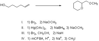 Which of the following steps would successfully complete the following reaction?   A)  I only B)  II & III C)  I & IV D)  I, II, & IV