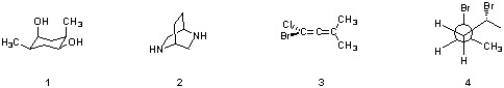 Which of the following structures are achiral and meso?   A)  1, 2, 3 & 4 B)  1 &2 C)  2 & 3 D)  1 & 4
