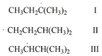 Rank the free radicals (I-III)  shown below in order of decreasing stability (i.e., from most stable to least stable) .   A)  I > III > II B)  II > III > I C)  I > II > III D)  II > I > III E)  III > II > I