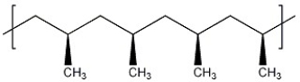 The stereochemistry observed in this polymer is described as ________.   A)  atactic B)  isotactic C)  syndiotactic D)  tacky E)  regiotactic