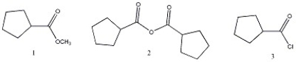 Arrange the carboxylic acid derivatives below in order of increasing reactivity towards nucleophilic acyl substitution.   A)  1 < 2 <3 B)  1 < 3 < 2 C)  2 < 1 < 3 D)  2 < 3 < 1 E)  3 < 2 < 1