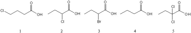 List the following weak acids in order of increasing acidity (from lowest to highest.) .   A)  4 < 3 < 2 < 1 < 5 B)  4 < 1 < 3 < 2 < 5 C)  5 < 2 < 3 < 1 < 4 D)  4 < 1 < 2 < 5 < 3 E)  1 < 2 < 4 < 3 < 5