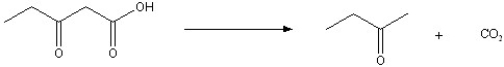 Beta-keto acids are unusually unstable and will lose the carboxylate group under certain conditions where both a general acid and base are involved. During this process, CO<sub>2</sub> is lost and the original beta-keto acid is converted into a ketone. For the following reaction, show a stepwise mechanism, with electron pushing arrows, in the formation of the products. Make special note of any resonance stabilized intermediates in this reaction.  