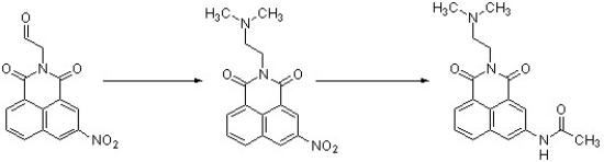 The final product is a derivative of Amonafide, a drug used to treat breast cancer (J. Med. Chem. 2007, 4122). Complete each step of the synthesis by filling in the necessary reagents.  