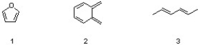 Which sequence correctly ranks the following dienes in order of increasing reactivity in the D-A reaction?   A)  1 < 2 < 3 B)  2 < 3 < 1 C)  3 < 1 < 2 D)  1 < 3 < 2