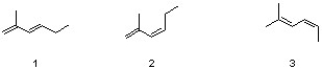 Which sequence correctly ranks the following dienes in order of increasing reactivity in the Diels-Alder reaction?   A)  1 < 2 < 3 B)  2 < 3 < 1 C)  3 < 1 < 2 D)  3 < 2 < 1
