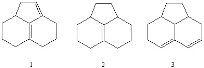 Which sequence correctly ranks the following conjugated systems in order of increasing UV 8<sub>max</sub> absorption values?   A)  1 < 2 < 3 B)  2 < 1 < 3 C)  2 < 3 < 1 D)  3 < 1 < 2 E)  3 < 2 < 1