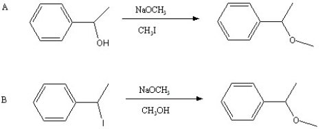 In the formation of the following ether, which reaction is preferred and why?   A)  Reaction B is preferred because the oxidation step works best for primary alcohols. B)  Reaction A is preferred over reaction B because the smaller methyl iodide would make a better nucleophilic target. C)  Reaction A is preferred because the the formation of the carbocation would be stabilized in the benzylic position. D)  Reaction B would be preferred because Iodine is a better leaving group for the S<sub>N</sub>1 reaction. E)  There is no difference in these two reactions -- they would give approximately the same yields.