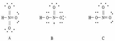 Which of the following are correct Lewis structures, including formal charges, for nitric acid, HNO<sub>3</sub>?   A)  A only B)  B only C)  C only D)  both B and C E)  A, B, and C