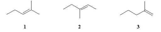 Acid catalyzed hydration (H<sub>2</sub>SO<sub>4</sub>/water/△)  of an unknown compound (A)  with a chemical formula C<sub>6</sub>H<sub>12</sub>, yielded a racemic mixture of product C<sub>6</sub>H<sub>13</sub>OH. Which, if any, of the following compounds is/are possible structures for the initial compound (A) ?   A)  compound 1 only B)  compounds 2 and 3 C)  compound 2 only D)  compounds 1 and 3 E)  none of the above