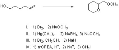 Which of the following steps would successfully complete the following reaction?   A)  I only B)  II & III C)  I & IV D)  I, II, & IV