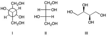 Use the following three structures to answer the two questions below.   -The relationship between I and III is: ________. A)  same compound B)  enantiomers C)  diastereomers D)  constitutional isomers