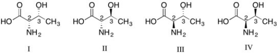 The stereochemical configuration of D-Threonine is (2R, 3S) . Which of the following structures corresponds to the correct configuration?   A)  I B)  II C)  III D)  IV