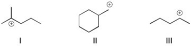 Rank the following carbocations in order of stability. (The most stable is first.)    A)  I > III > II B)  II > I > III C)  III > I > II D)  I > II > III
