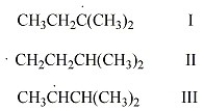 Rank the free radicals (I-III)  shown below in order of decreasing stability (i.e., from most stable to least stable) .   A)  I > III > II B)  II > III > I C)  I > II > III D)  II > I > III E)  III > II > I