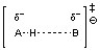 Which of the following depictions most closely resembles the structure of the transition state for the following acid-base reaction?   A)    B)    C)    D)   