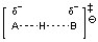 Which of the following depictions most closely resembles the structure of the transition state for the following acid-base reaction?   A)    B)    C)    D)   