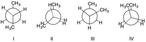 Arrange the following Newman projections of butane in order of energy.   A)  I<III<II<IV B)  IV<II<III<I C)  III<I<IV<II D)  II<IV<I<III