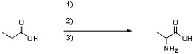 Provide the necessary reagents to convert propionic acid to alanine.  