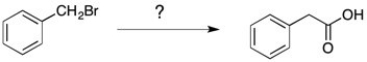 What is the best way to perform the transformation shown below?   A)  1. NaCN 2. H<sub>3</sub>O<sup>+</sup> B)  1.Mg 2. CO 3. H<sub>3</sub>O<sup>+</sup> C)  concentrated KMnO<sub>4</sub> D)  Both A and B would work