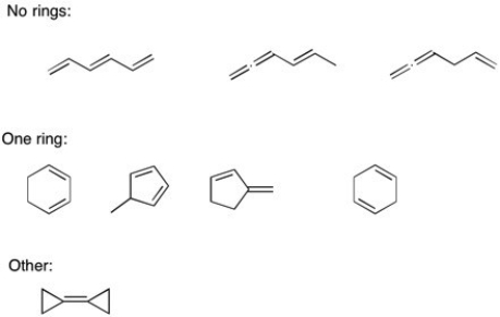 Many different answers are possible. The unsaturation number is 3. Possible structures are:  