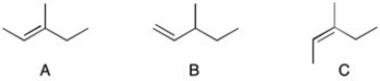 Rank the following compounds in order of increasing heat of hydrogenation, ΔH<sub>hyd</sub>.   A)  A<B<C B)  A<C<B C)  B<C<A D)  C<A<B