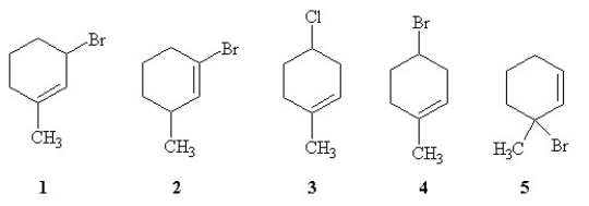 Rank the following molecules in order of increasing relative rate of S<sub>N</sub>1 solvolysis with methanol and heat (slowest to fastest reacting) .   A)  3 < 2 < 4 < 5 < 1 B)  2 < 3 < 4 < 1 < 5 C)  5 < 4 < 3 < 2 < 1 D)  2 < 3 < 4 < 5 < 1 E)  1 < 2 < 5 < 4 < 3