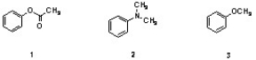 Which sequence correctly ranks the following aromatic rings in order of increasing rate of reactivity with chlorine and aluminum chloride?   A)  1 < 2 < 3 B)  2 < 3 < 1 C)  3 < 2 < 1 D)  2 < 1 < 3 E)  1 < 3 < 2